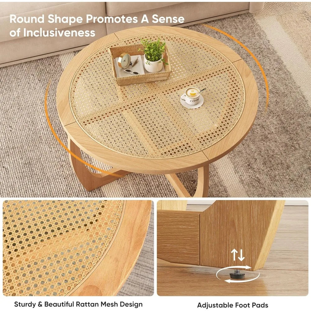 Round Wood Coffee Table With Handmade Rattan Top And Legs