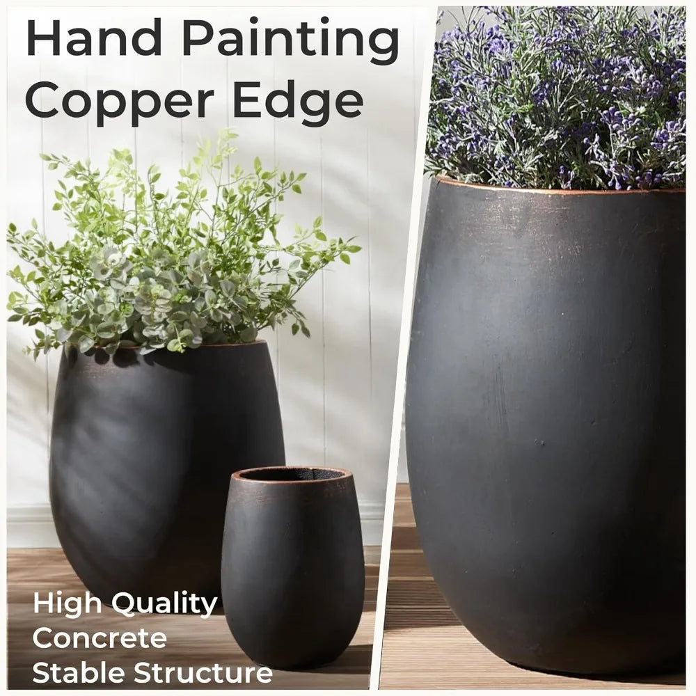 Dia Round Concrete Planter Set Of 3 Outdoor Flower Pots With Drainage Holes For Garden Decor