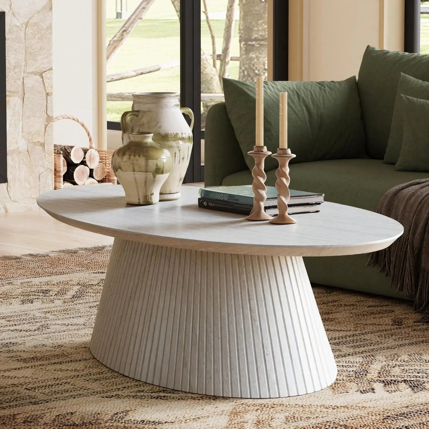 Mid Century Modern Oval Coffee Table Fluted Wood Veneer