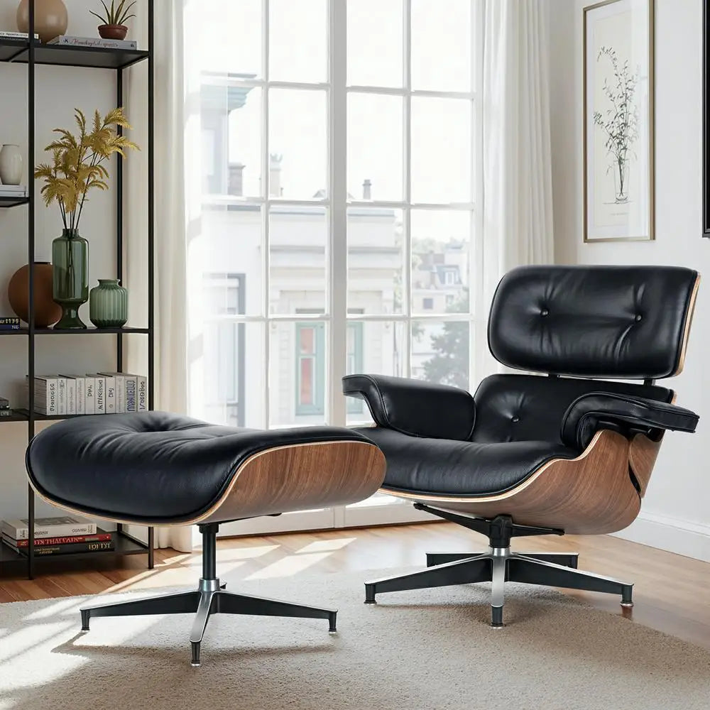 Mid Century Leather Armchair Lounge Chair With Ottoman