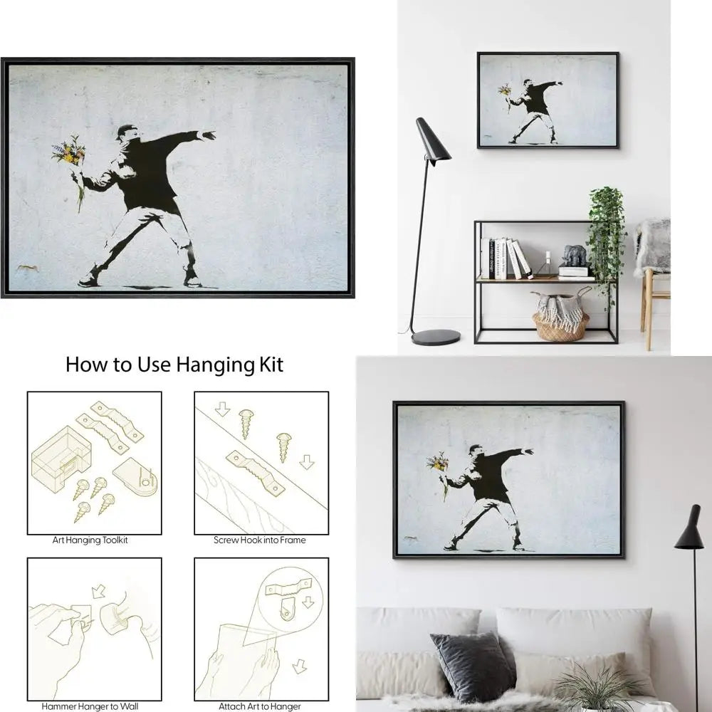 Banksy Inspired Framed Canvas Wall Art Man Throwing Flowers