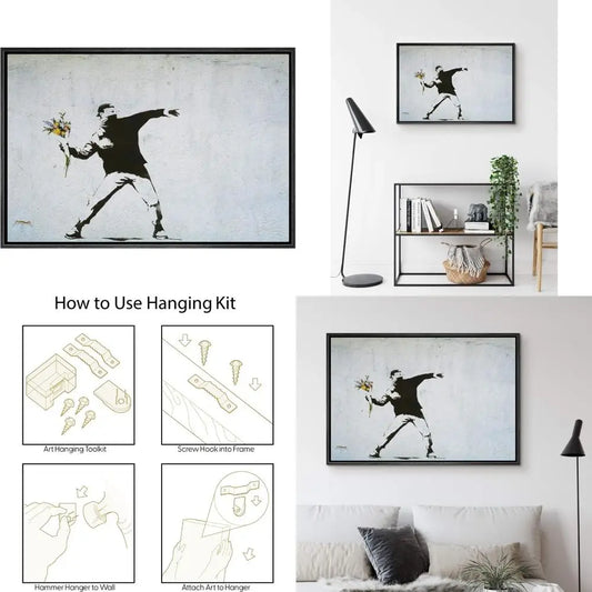 Banksy Inspired Framed Canvas Wall Art Man Throwing Flowers