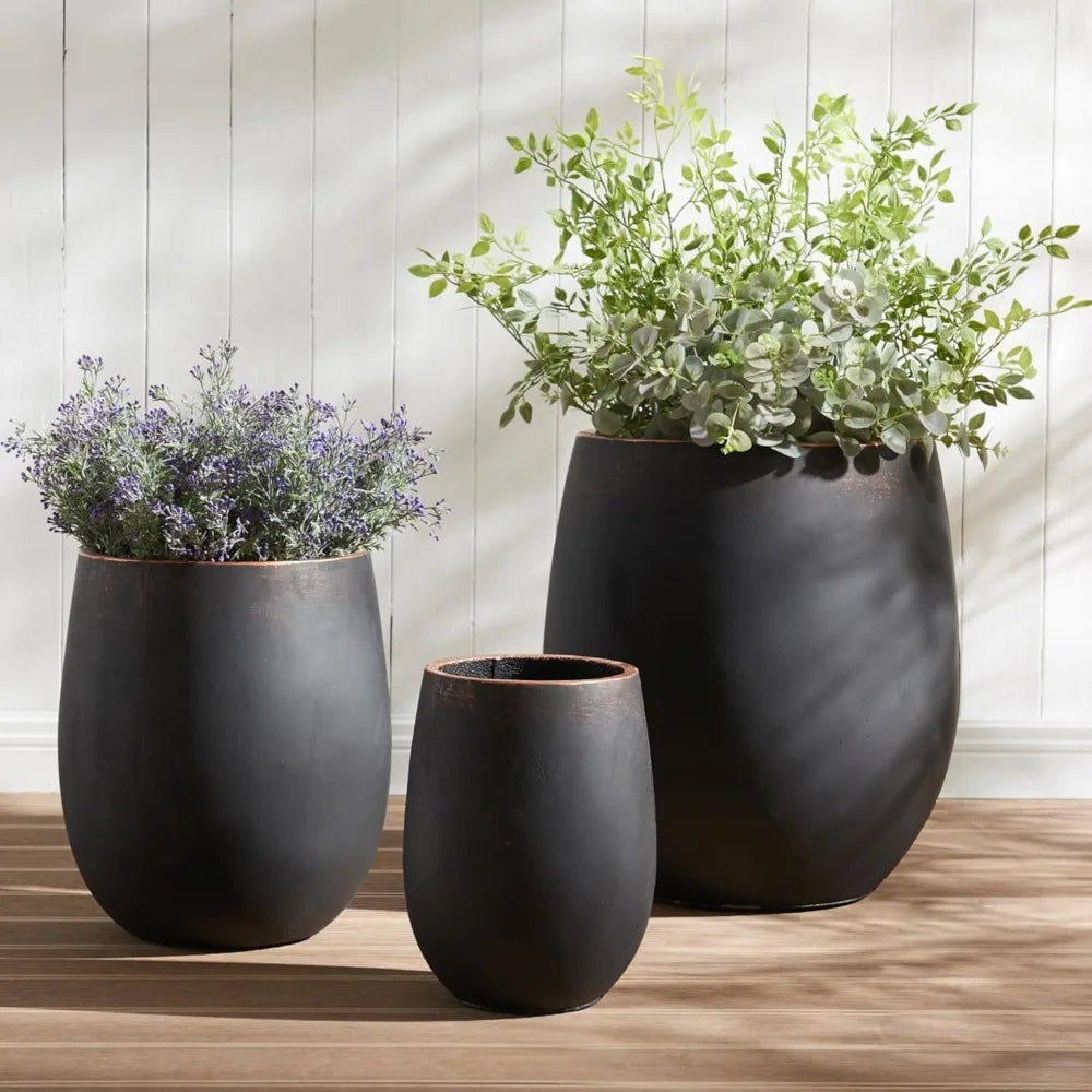 Dia Round Concrete Planter Set Of 3 Outdoor Flower Pots With Drainage Holes For Garden Decor