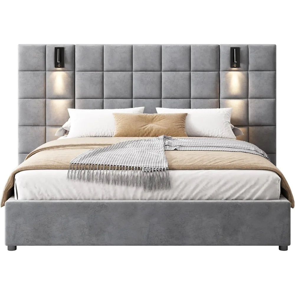 Queen Platform Bed With Adjustable Reading Lamp USB Port Headboard