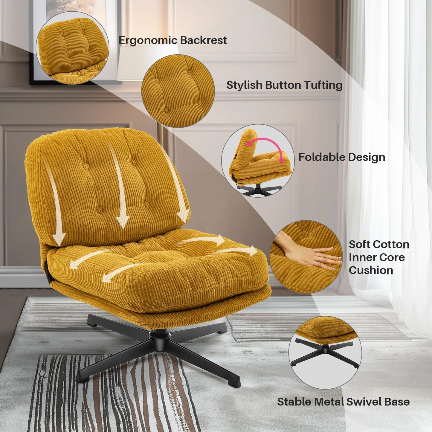 Corduroy Upholstered Swivel Lounge Chair With Footrest