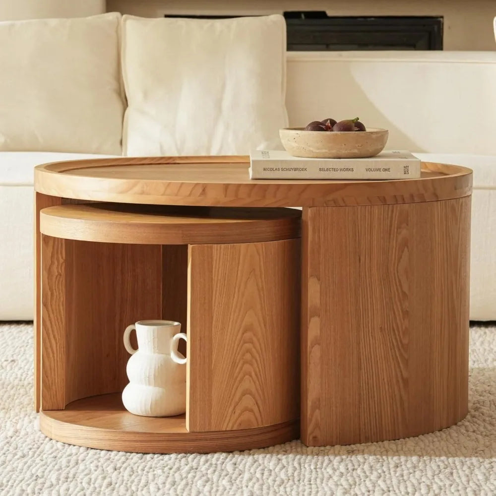 Round Nesting Coffee Tables Wood Look Finish Space Saving