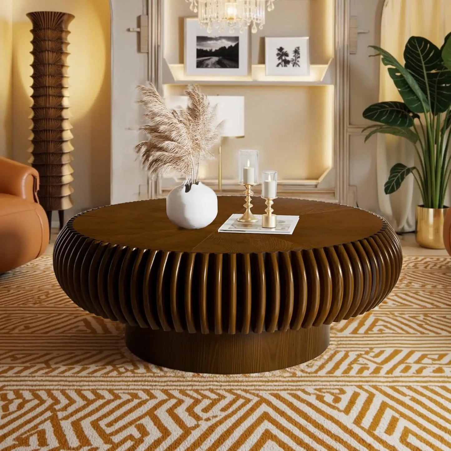 Fluted Drum Coffee Table With Sturdy Pedestal For Living Room