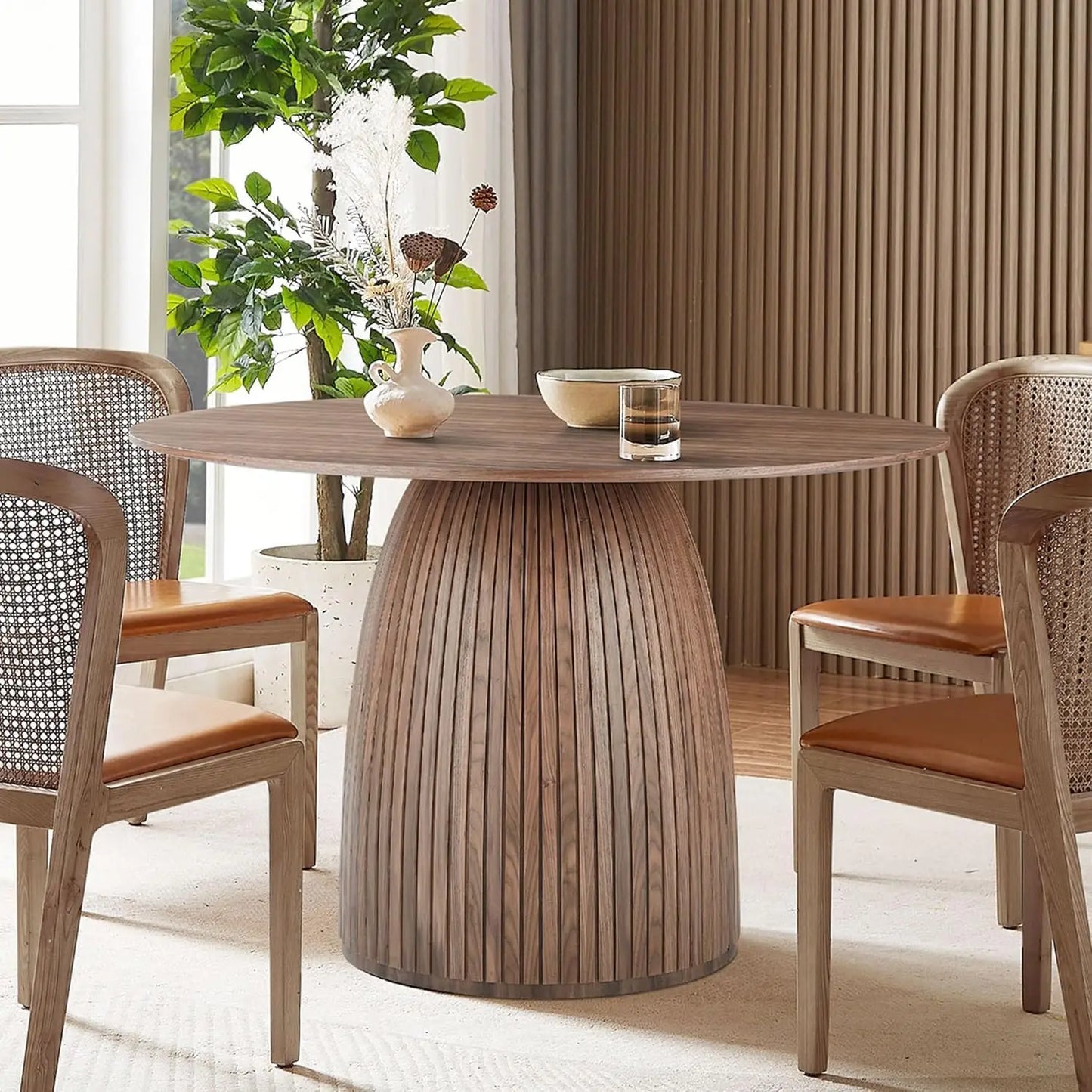 Mid Century Modern Farmhouse Round Dining Table With Wooden Pedestal Base Stain Resistant Surface