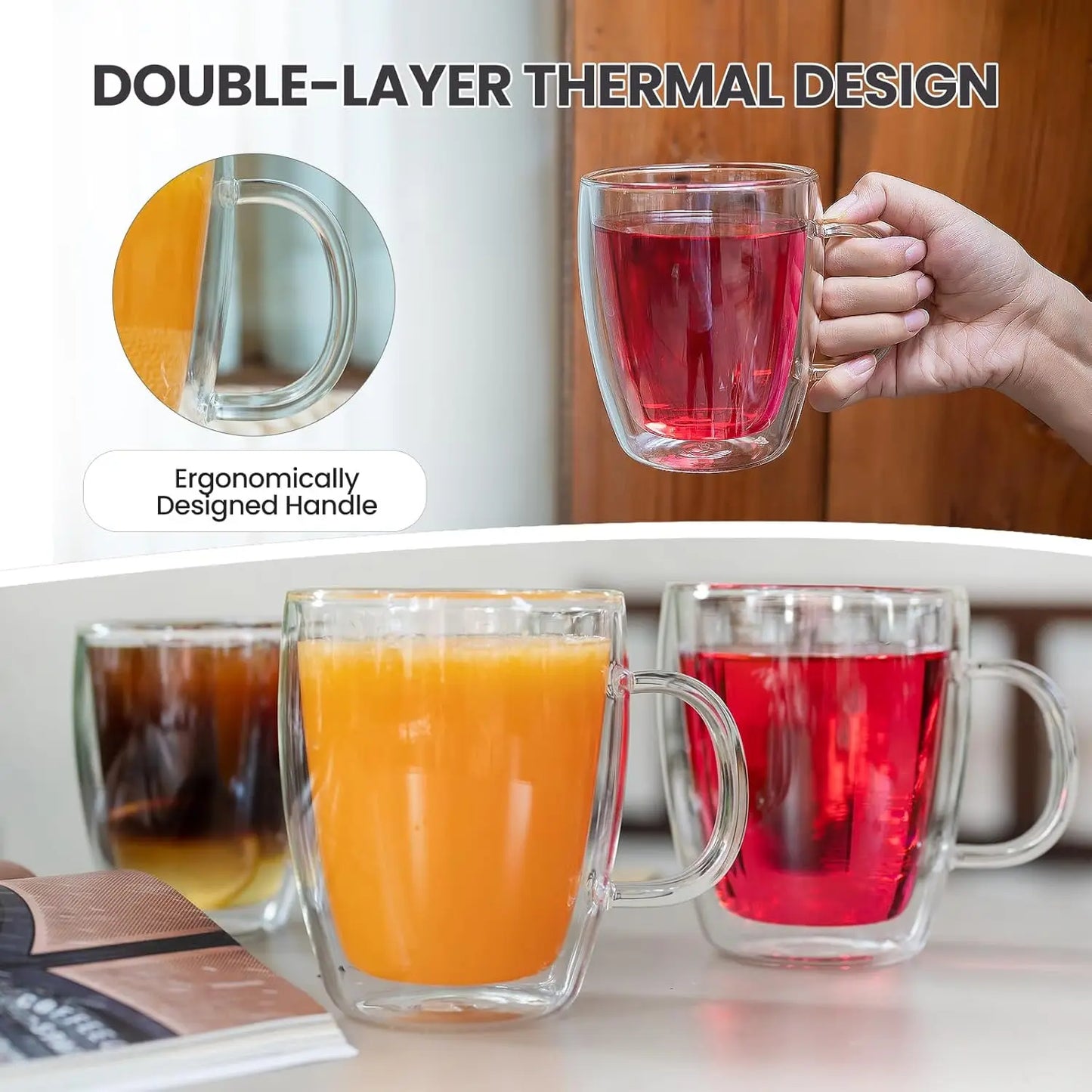 Double Wall Insulated Glass Coffee Cups Set With Handles
