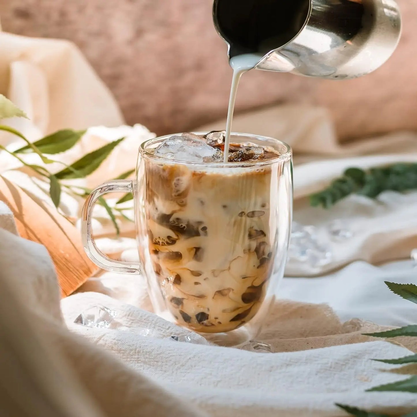 Double Wall Insulated Glass Coffee Cups Set With Handles