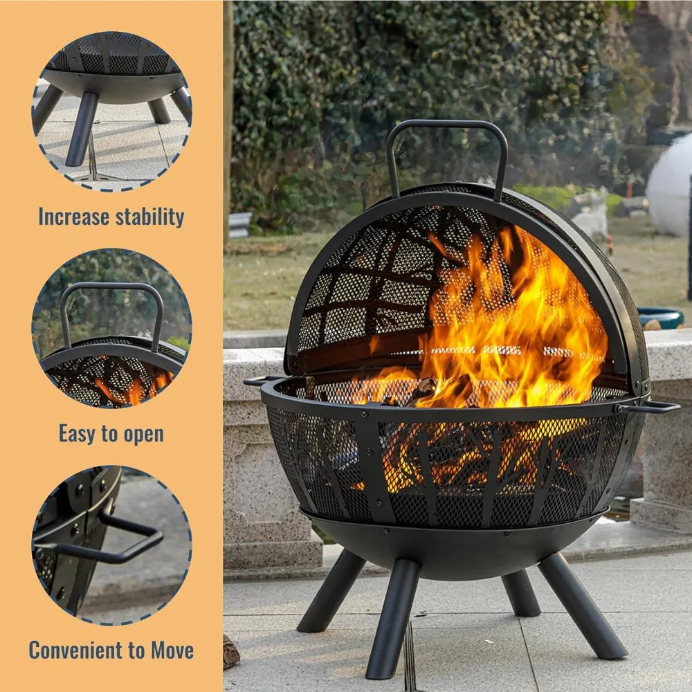 Durable Steel Wood Burning Fire Pit With Outdoor BBQ Grill