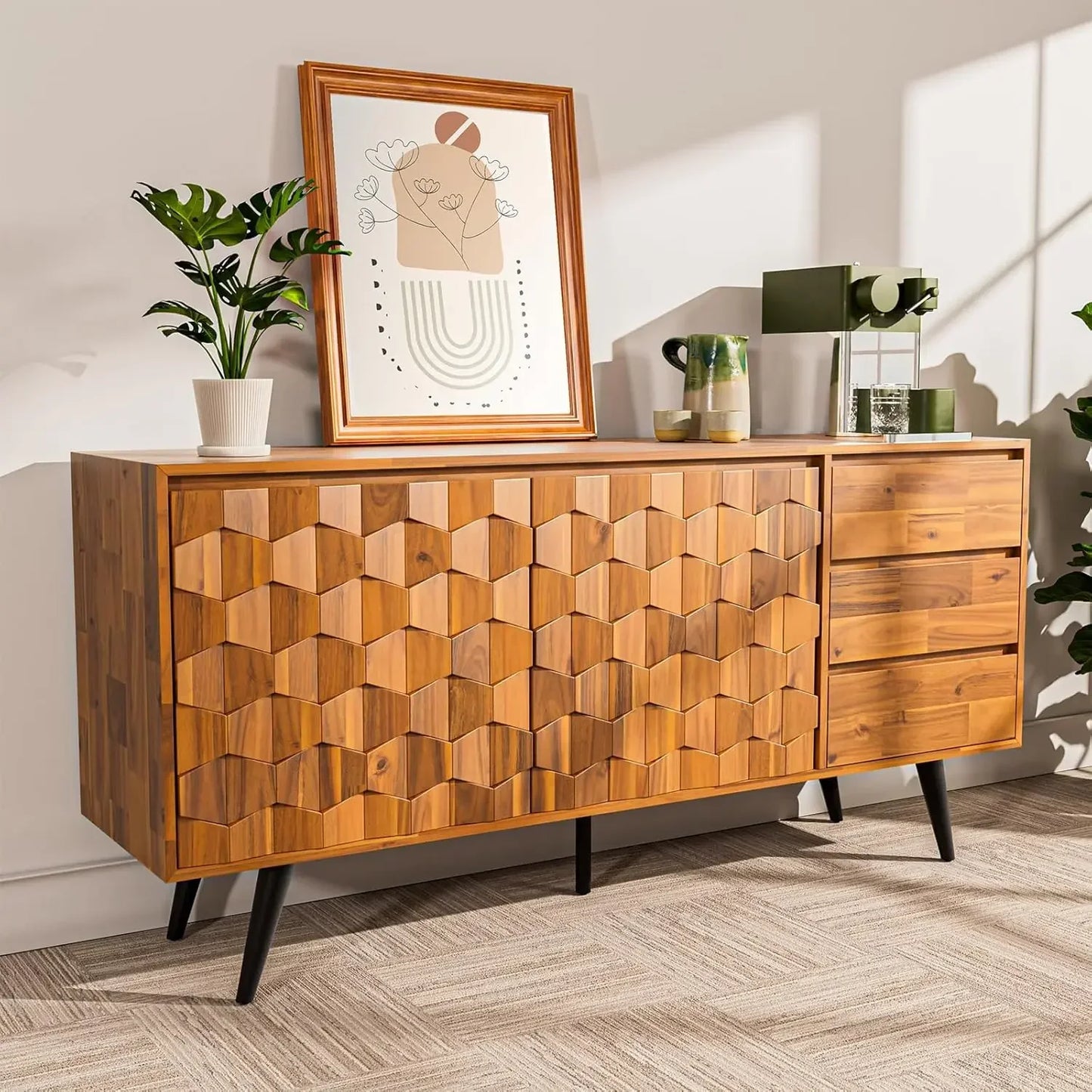Georgina Solid Wood Sideboard With Geometric Pattern