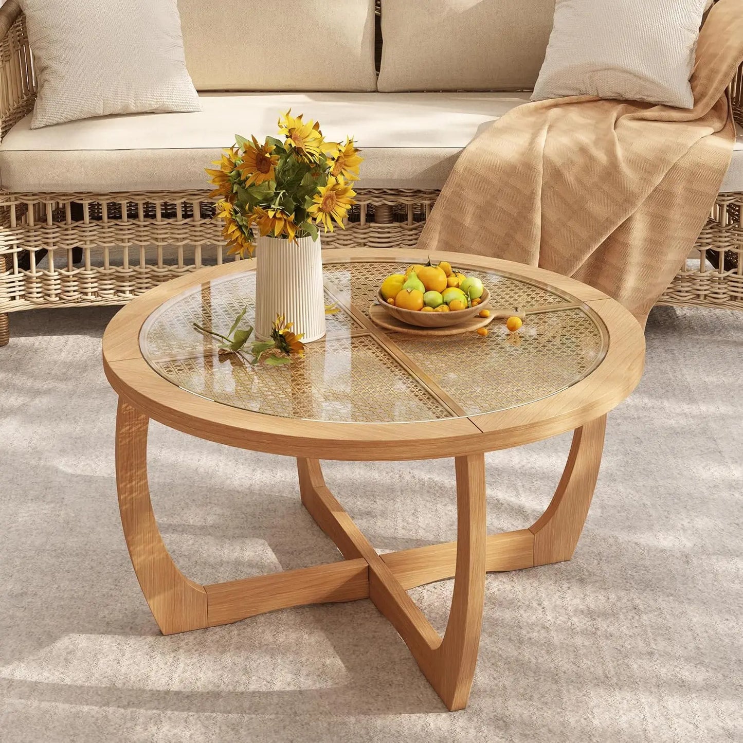 Round Wood Coffee Table With Handmade Rattan Top And Legs