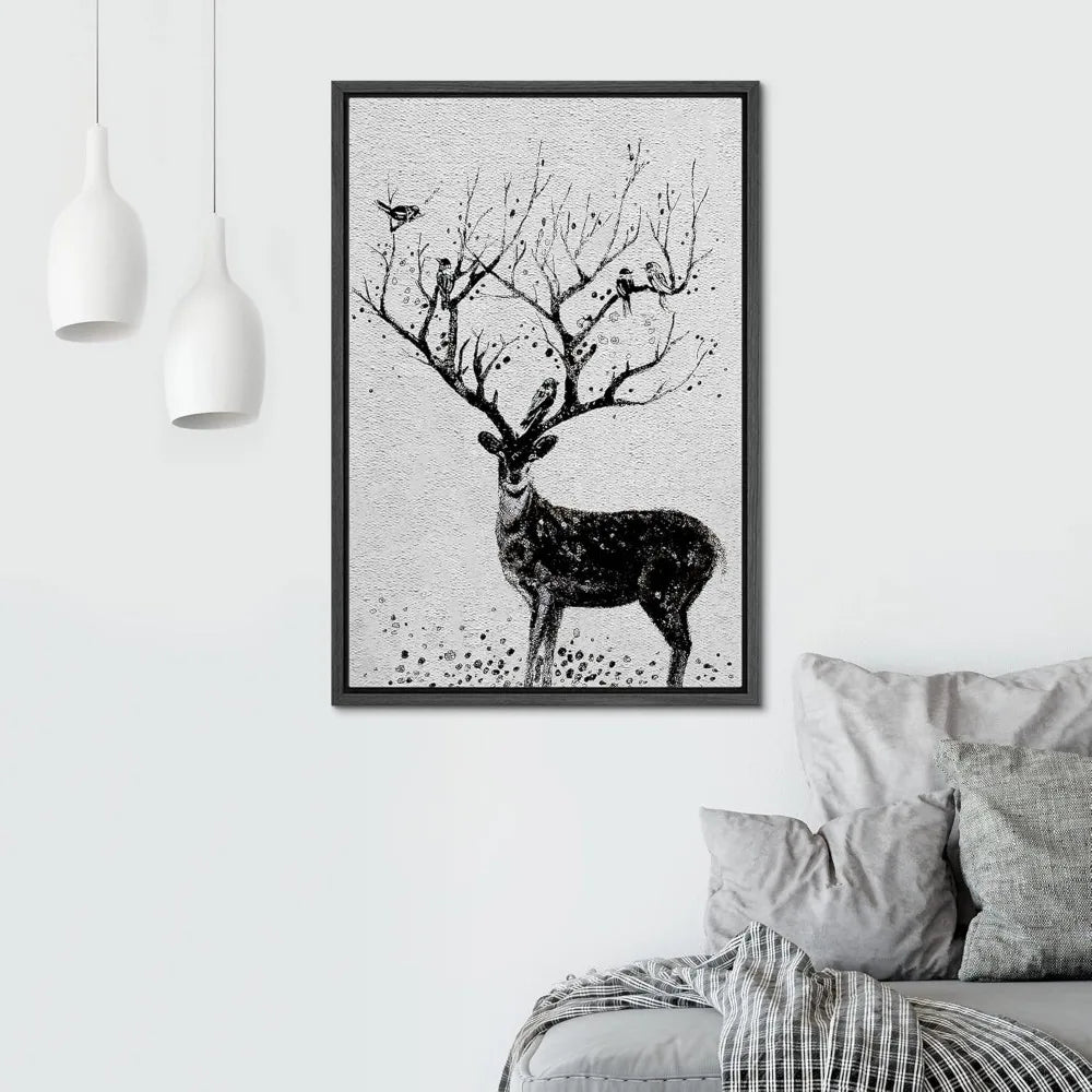 Framed Deer Canvas Wall Art With Birds On Antlers Wildlife