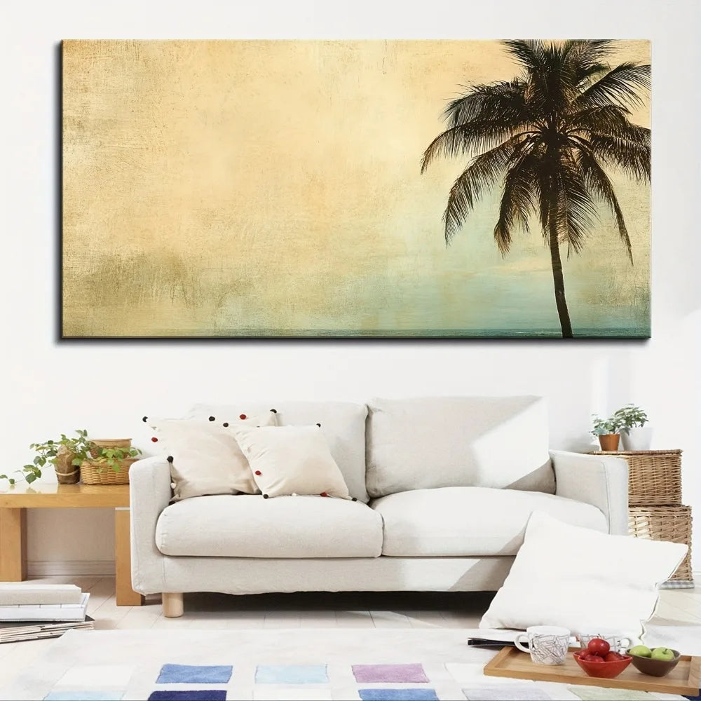 Golden Ocean Beach Palm Tree Landscape Pine Frame Poster