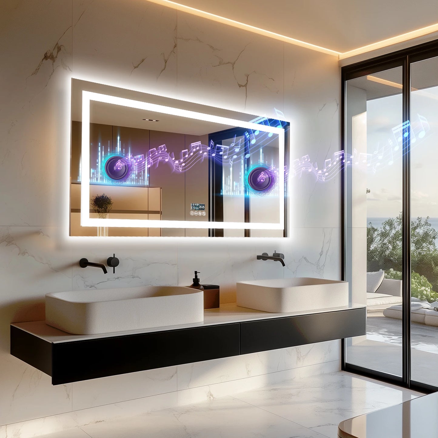 LUVODI Bluetooth Bathroom Mirror With Time Display LED Lighting Defog Feature Built In