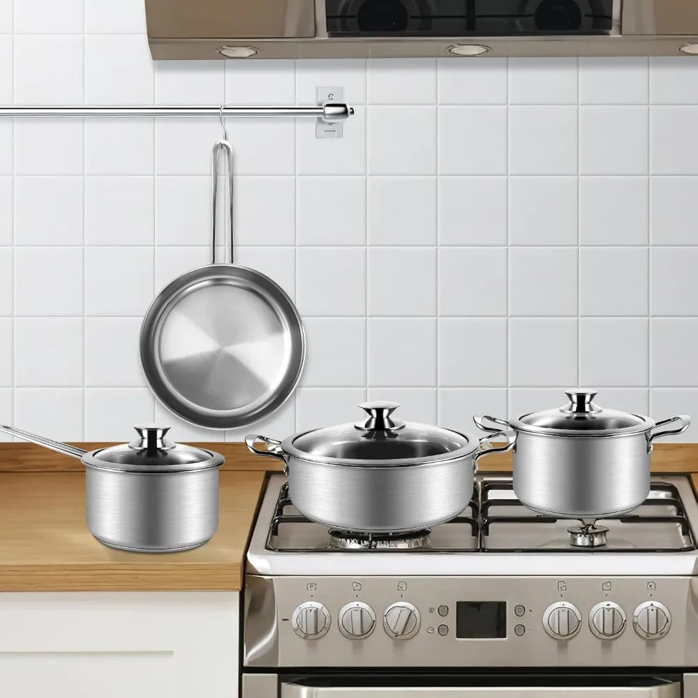 Stainless Steel 7 Piece Pots And Pans Set With Glass Lids
