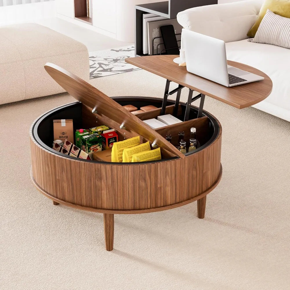 Round Fluted Lift Top Coffee Table With Storage Mid Century