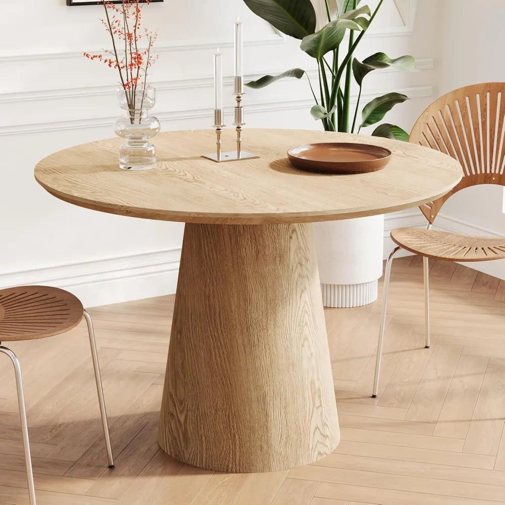 Mid Century Modern Farmhouse Round Dining Table With Wooden Pedestal Base Stain Resistant Surface