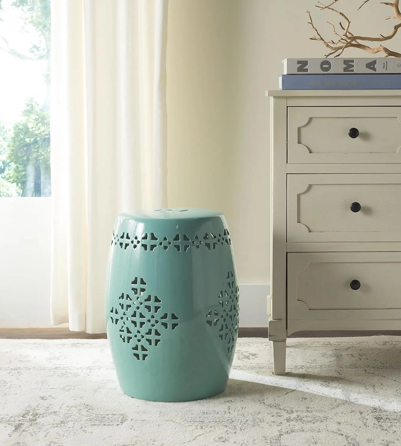 Safavieh Home Collection Quatrefoil Ceramic Garden Stool Indoor Outdoor Fully Assembled