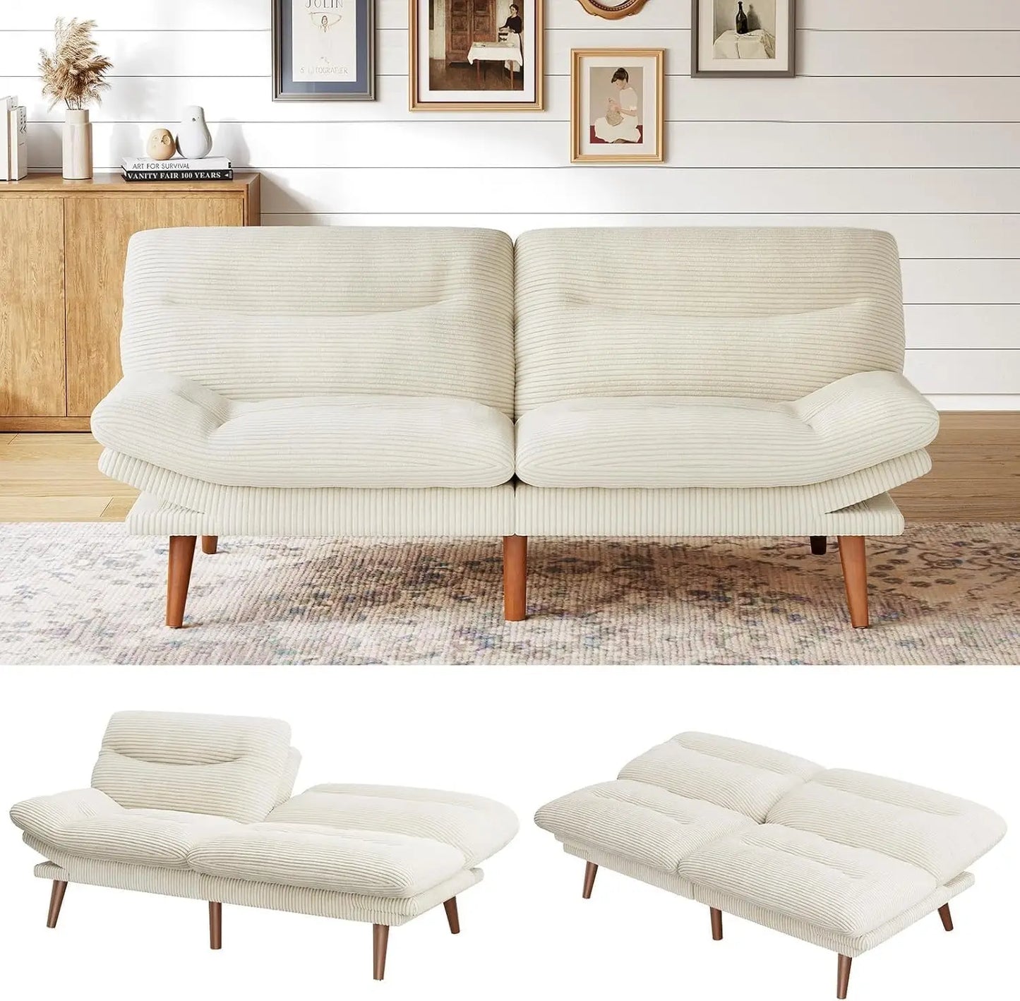 Futon Sofa Bed With Adjustable Backrest And Armrests