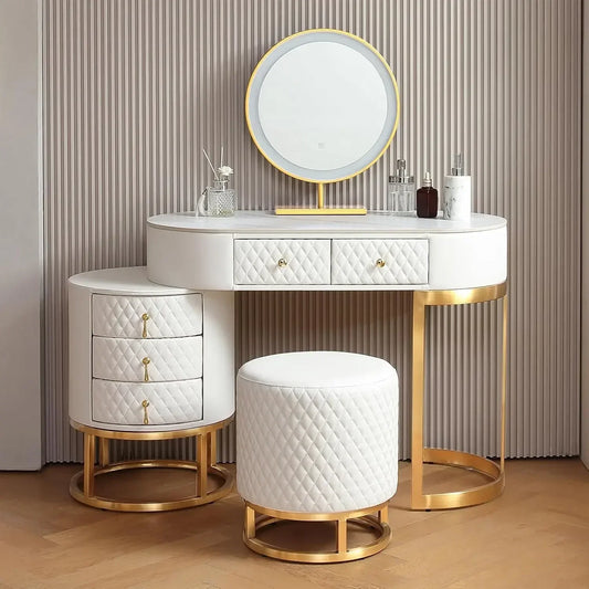 ExquisitelyPremium Faux Leather Vanity Desk Set With Integrated LED BrightMirror