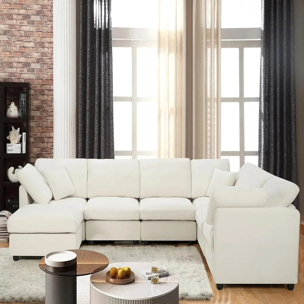 Chenille Modular Sectional Sofa With Movable Ottoman