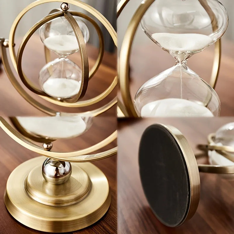 Vintage Hourglass 30-Minute Sand Timer on brass antique desk stand for timing tasks.