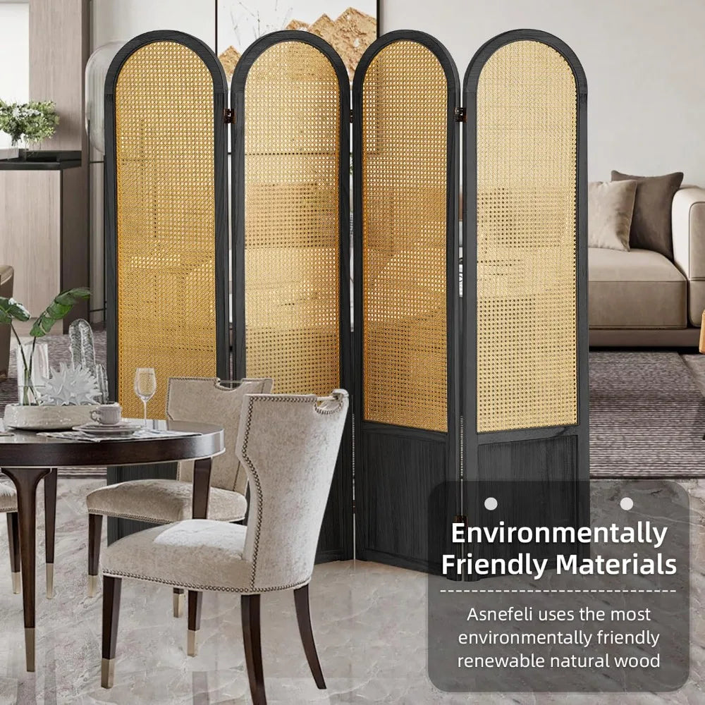 Room Divider 4 Panels Folding Privacy Screen Wood Rattan Portable Partition