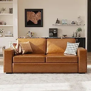 Mid Century Modern Sofa In Faux Leather With Cushions