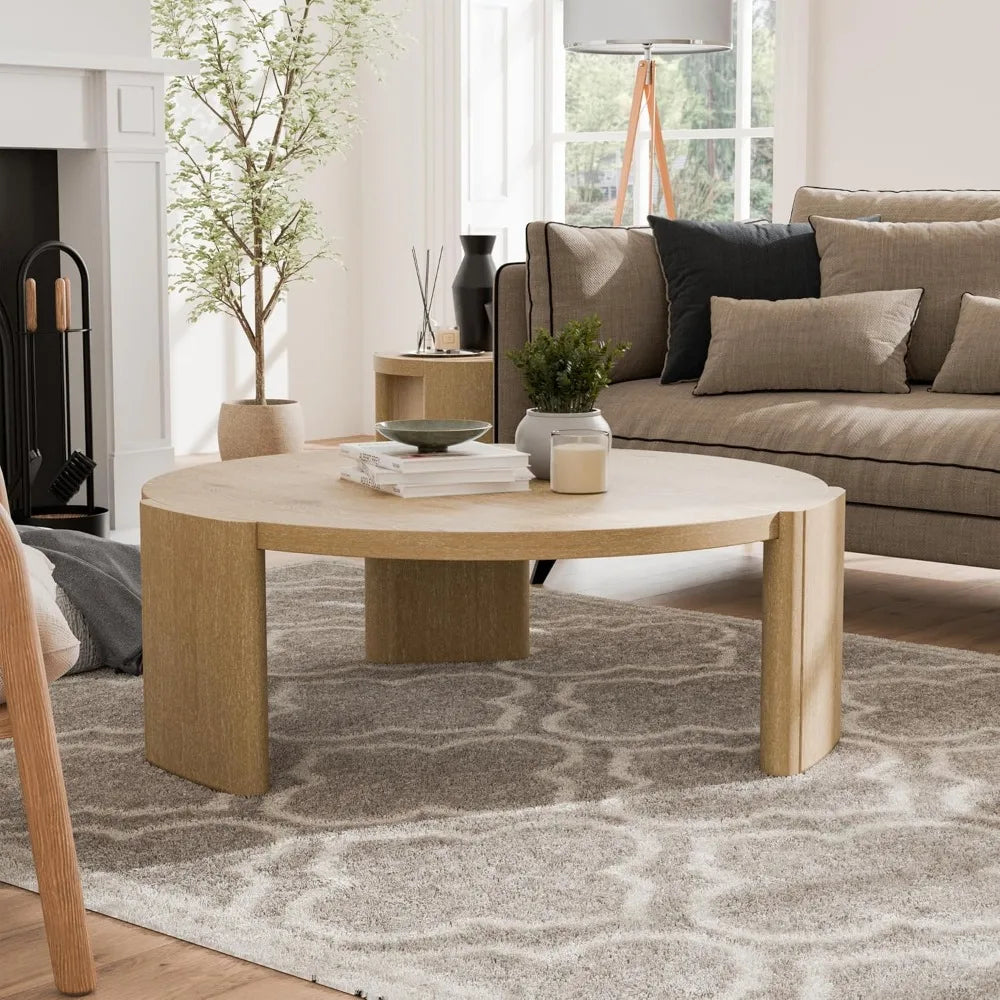 Carys Modern Solid Wood Round Coffee Table With Plinth Base