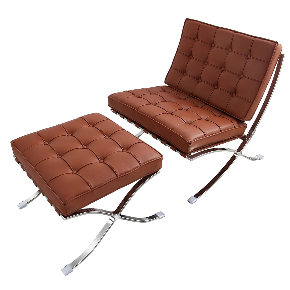 Mid Century Foldable Leather Lounge Chair With Foot Rest