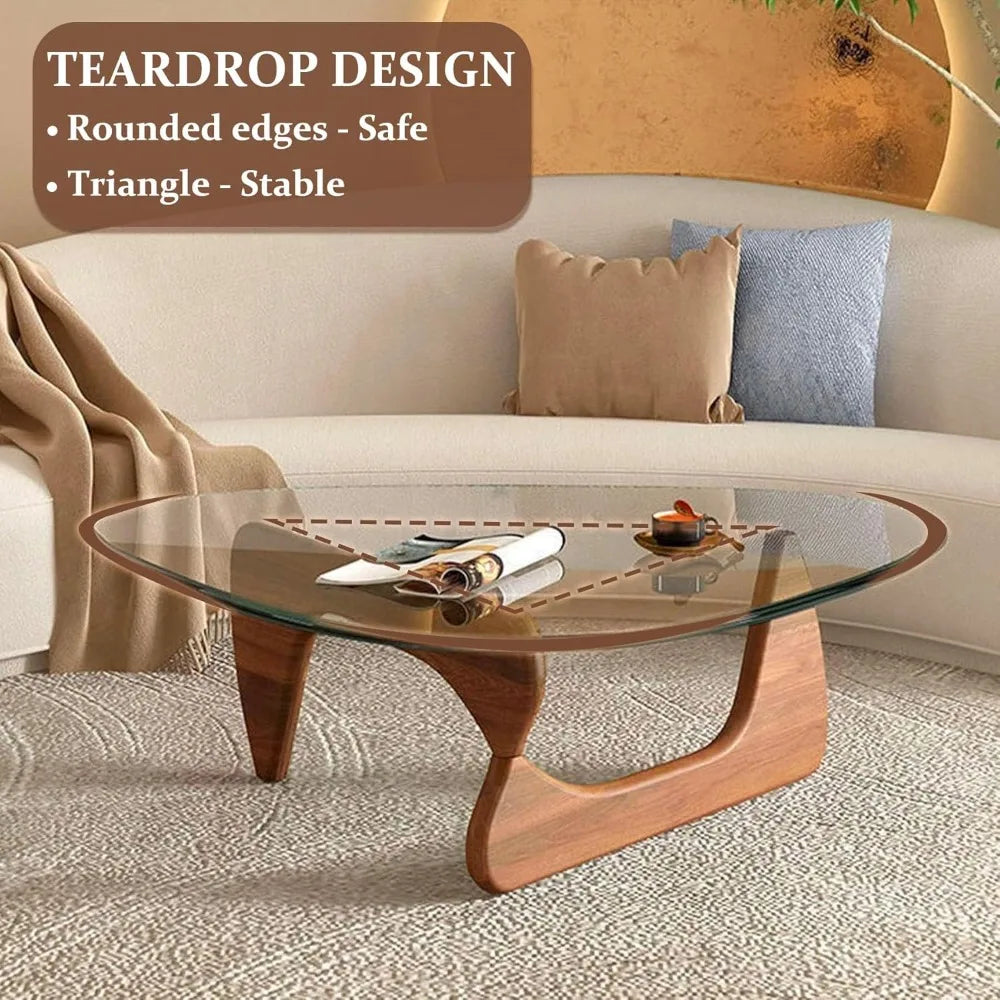 Triangle Glass Coffee Table Wooden Base Modern Abstract