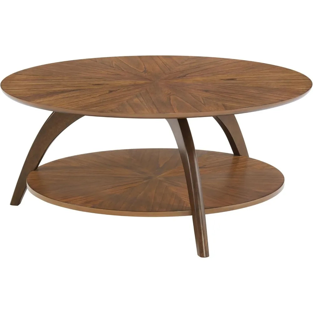 Mid Century Modern Round Wood Coffee Table With Lower Shelf For Living Room Or Den