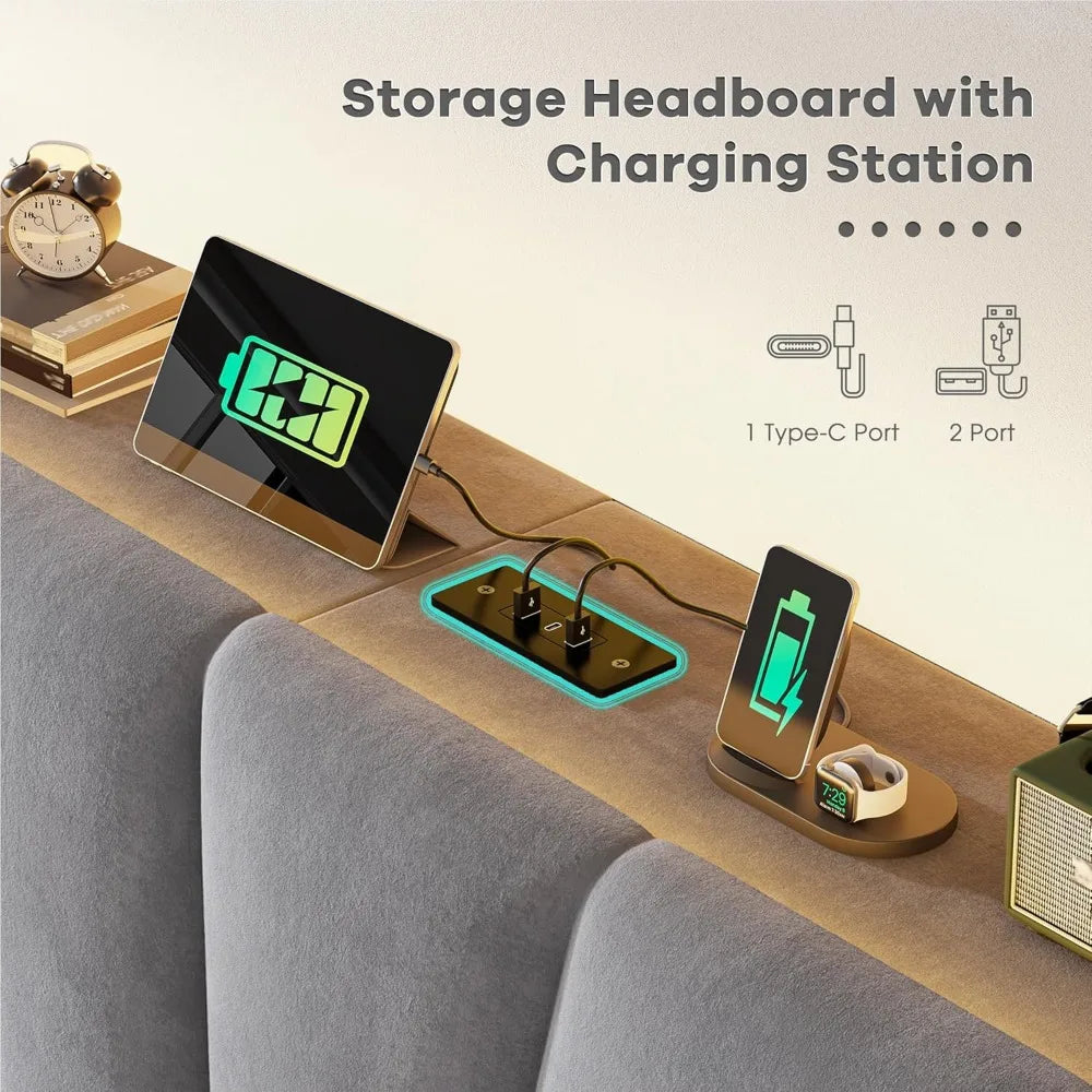 Bed Frame With Velvet Headboard And RGB LED Lights Storage Headboard With Charging Station