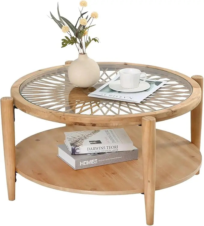 Boho Rattan Coffee Table Mid Century Tempered Glass Top