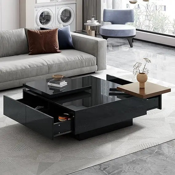 Movable Square Coffee Table With Hidden Drawers And Storage
