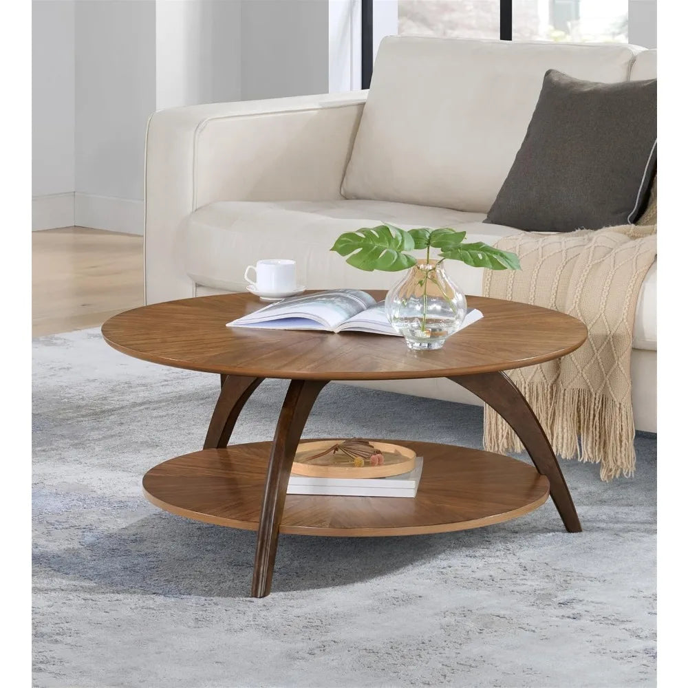 Mid Century Modern Round Wood Coffee Table With Lower Shelf For Living Room Or Den