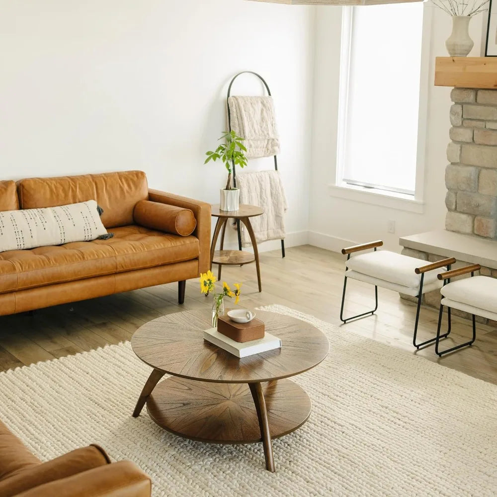 Mid Century Modern Round Wood Coffee Table With Lower Shelf For Living Room Or Den