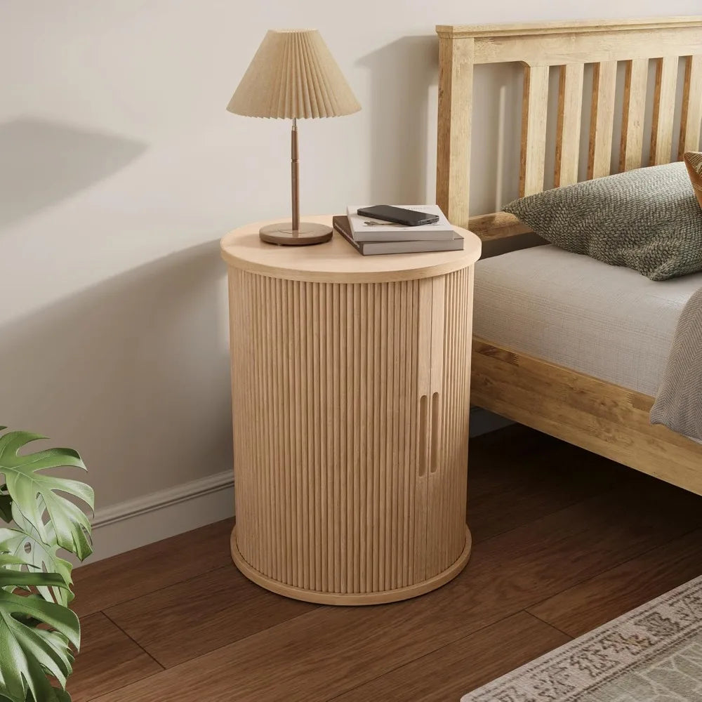 Mid Century Modern Tall Side Table Sliding Doors Adjustable Storage