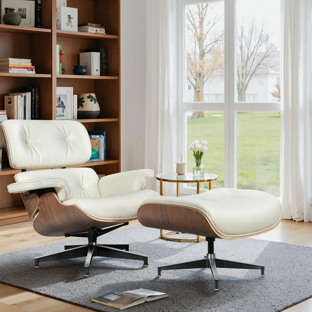 Mid Century Leather Armchair Lounge Chair With Ottoman