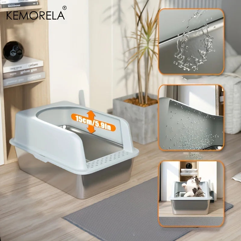 Stainless Steel Litter Box With High Side Lid And Spade