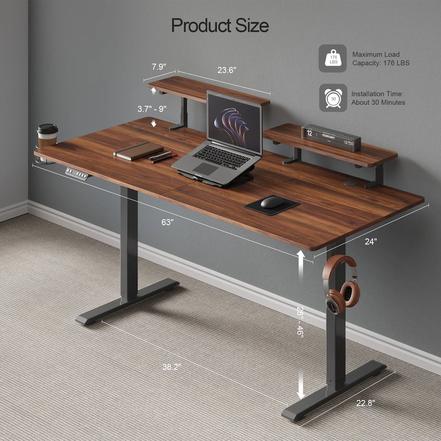 ONBRILL Standing Desk With 2 Adjustable Monitor Shelves