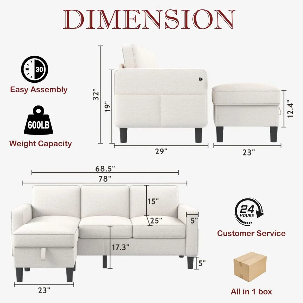 Modern L Shaped Sofa With Storage Ottoman Convertible