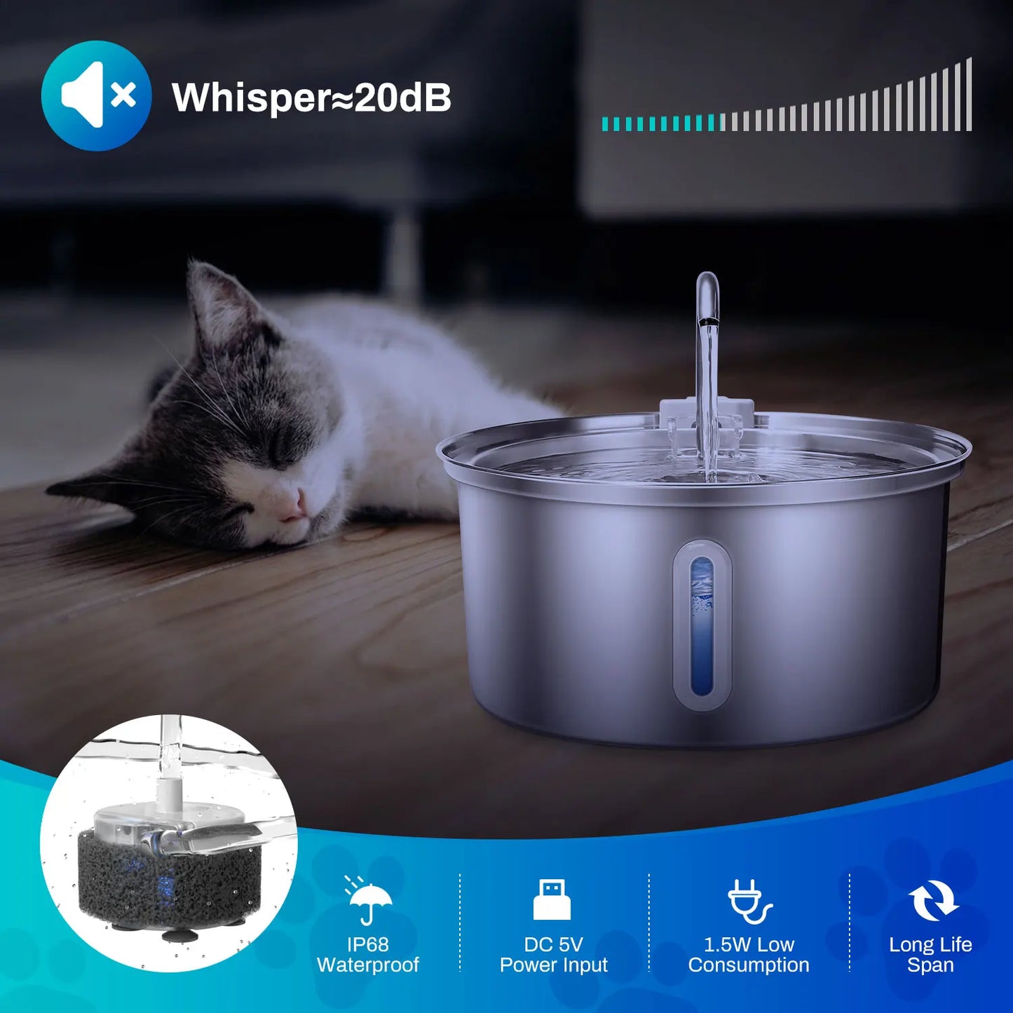 Cat Water Fountain Stainless Steel With Quiet Pump