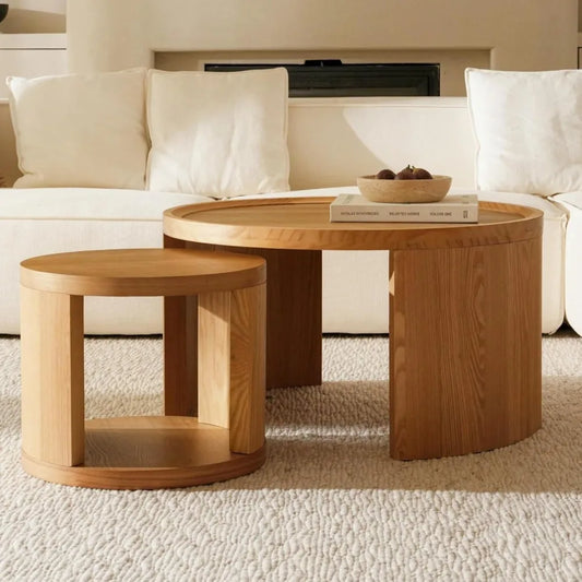 Round Nesting Coffee Tables Wood Look Finish Space Saving