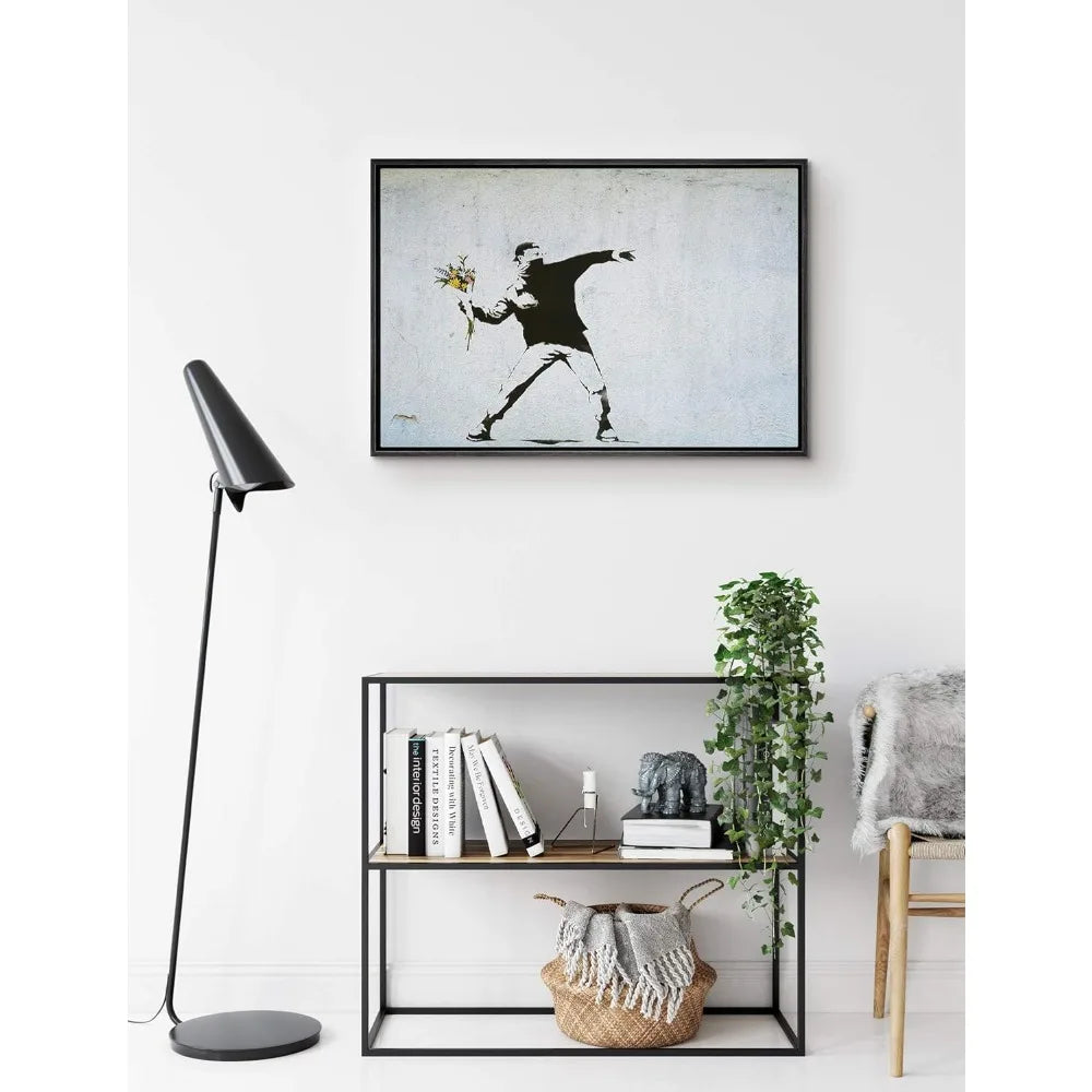 Banksy Inspired Framed Canvas Wall Art Man Throwing Flowers