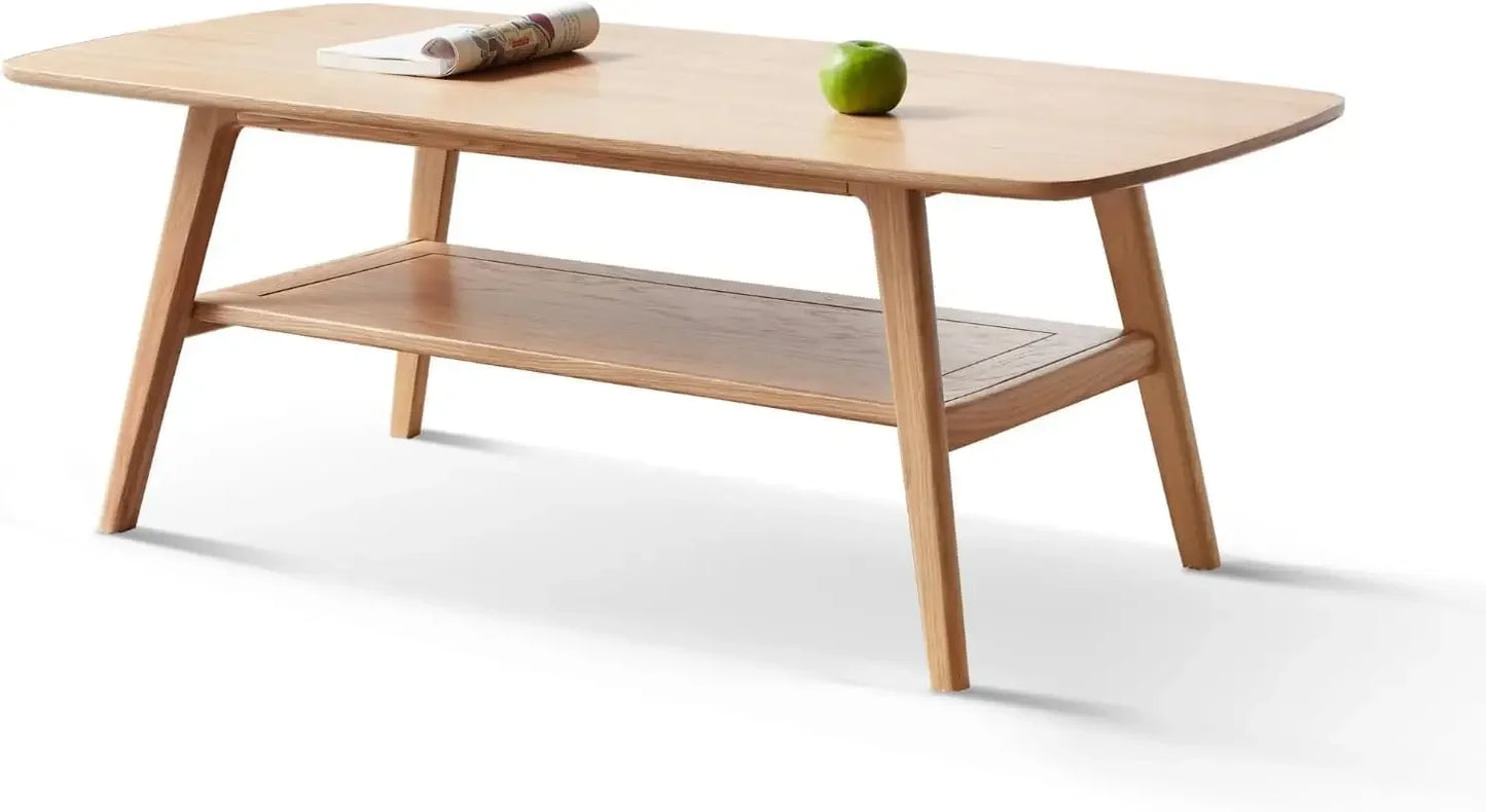 Two Tier Solid Oak Wood Coffee Table With Double Storage