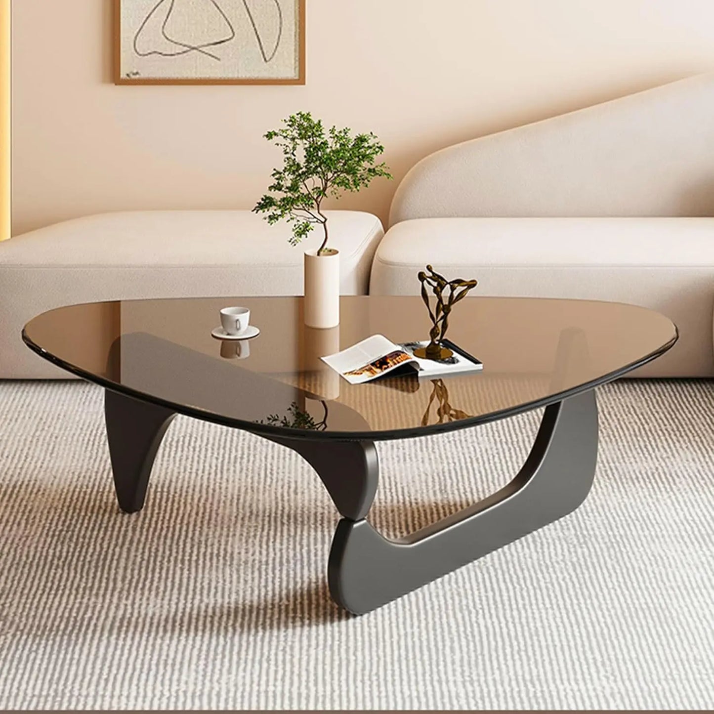 Triangle Glass Coffee Table Wooden Base Modern Abstract