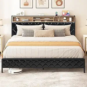 DWVO Upholstered Bed Frame With USB Charging Station Storage Headboard And Metal Slats
